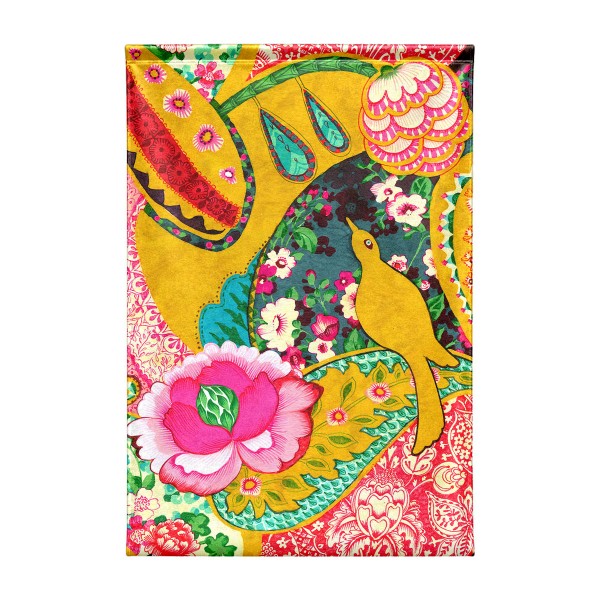 Wandbehang aus Stoff PAJARO 90 x 135 cm: goldener Vogel, Paisley und Pfingstrose auf safranfarbenem Grund