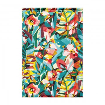 Tapiz mural de tela BOA 90 x 135 cm, jungla gráfica facetada en turquesa y rojo, colgado en un dormitorio 2