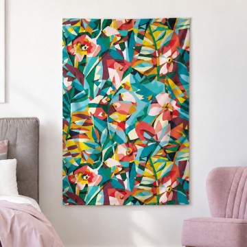 BOA fabric wall hanging 90 x 135 cm, faceted graphic jungle in turquoise and red, hung in a bedroom