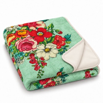 Plaid velours HANAMI vert 140 x 190 cm plié : doublure écrue et biais écru