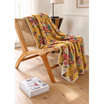 Plaid velours HANAMI jaune 140 x 190 cm plié : doublure écrue et biais écru 2