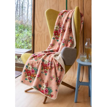 Plaid velours HANAMI rose 140 x 190 cm plié : doublure écrue et biais écru 2