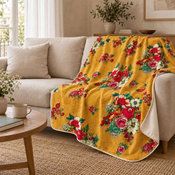 Velvet throw HANAMI yellow 140 x 190 cm draped over a sofa