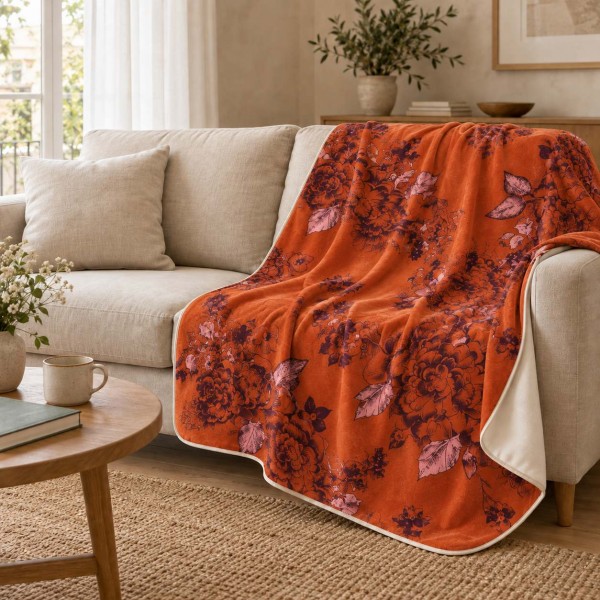 Plaid velours AIMI orange 140 x 190 cm jeté sur un canapé