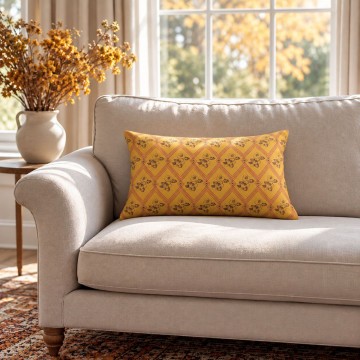 Cojín de sofá rectangular HINDI amarillo 30 x 50 cm: motivo floral y geométrico dibujado a mano 2