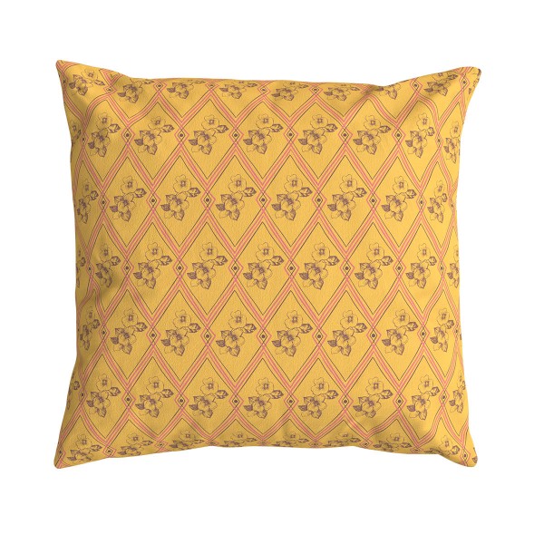 Cojín de sofá cuadrado HINDI amarillo 40 x 40 cm: motivo floral y geométrico dibujado a mano