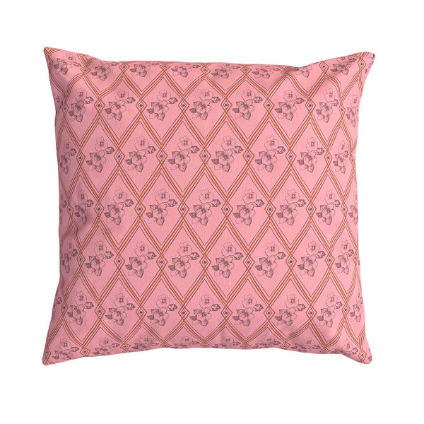 Coussin de canapé carré HINDI rose 40 x 40 cm : motif floral et géométrique dessiné à la main