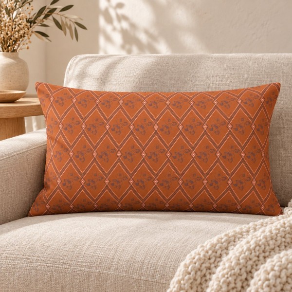 Housse de coussin rectangulaire HINDI orange 30 x 50 cm garnie, posée sur un fauteuil