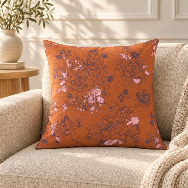 Quadratische Kissenhülle AIMI orange 50 x 50 cm, gefüllt, auf einem Sofa