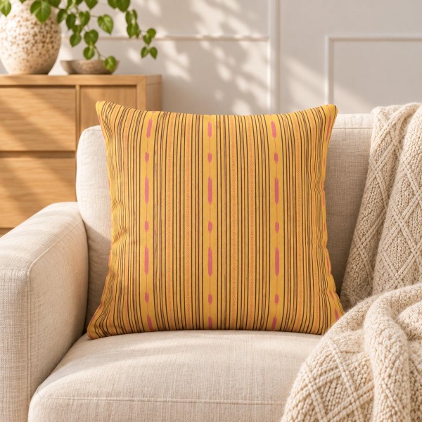 PALOMA yellow square cushion cover 50 x 50 cm, filled, on an armchair