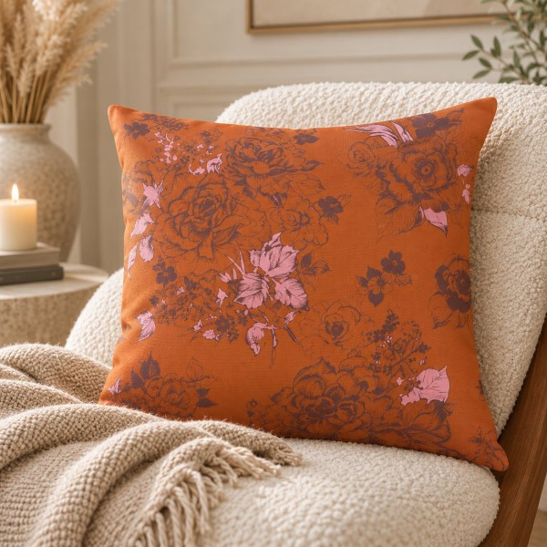 Cojín de sofá cuadrado AIMI naranja 40 x 40 cm sobre un sillón
