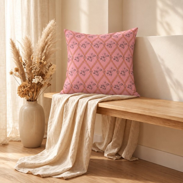 HINDI pink square scatter cushion 40 x 40 cm on a bench