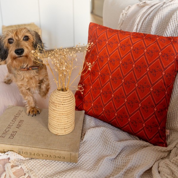 HINDI orange square cushion cover 40 x 40 cm, filled, on a sofa next to a little dog