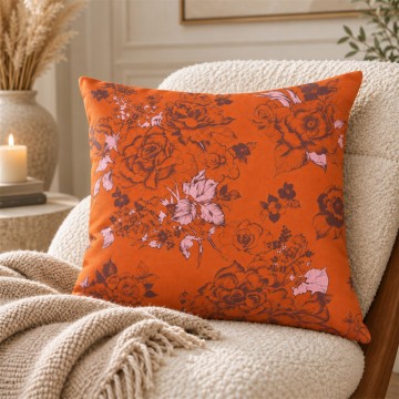 Coussin de canapé carré AIMI orange 40 x 40 cm : motif floral dessiné à la main 2