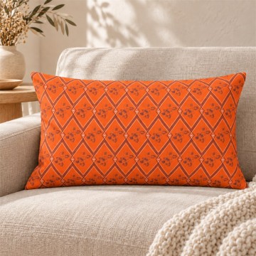 Housse de coussin rectangulaire HINDI orange 30 x 50 cm : motif floral et géométrique dessiné à la main 2