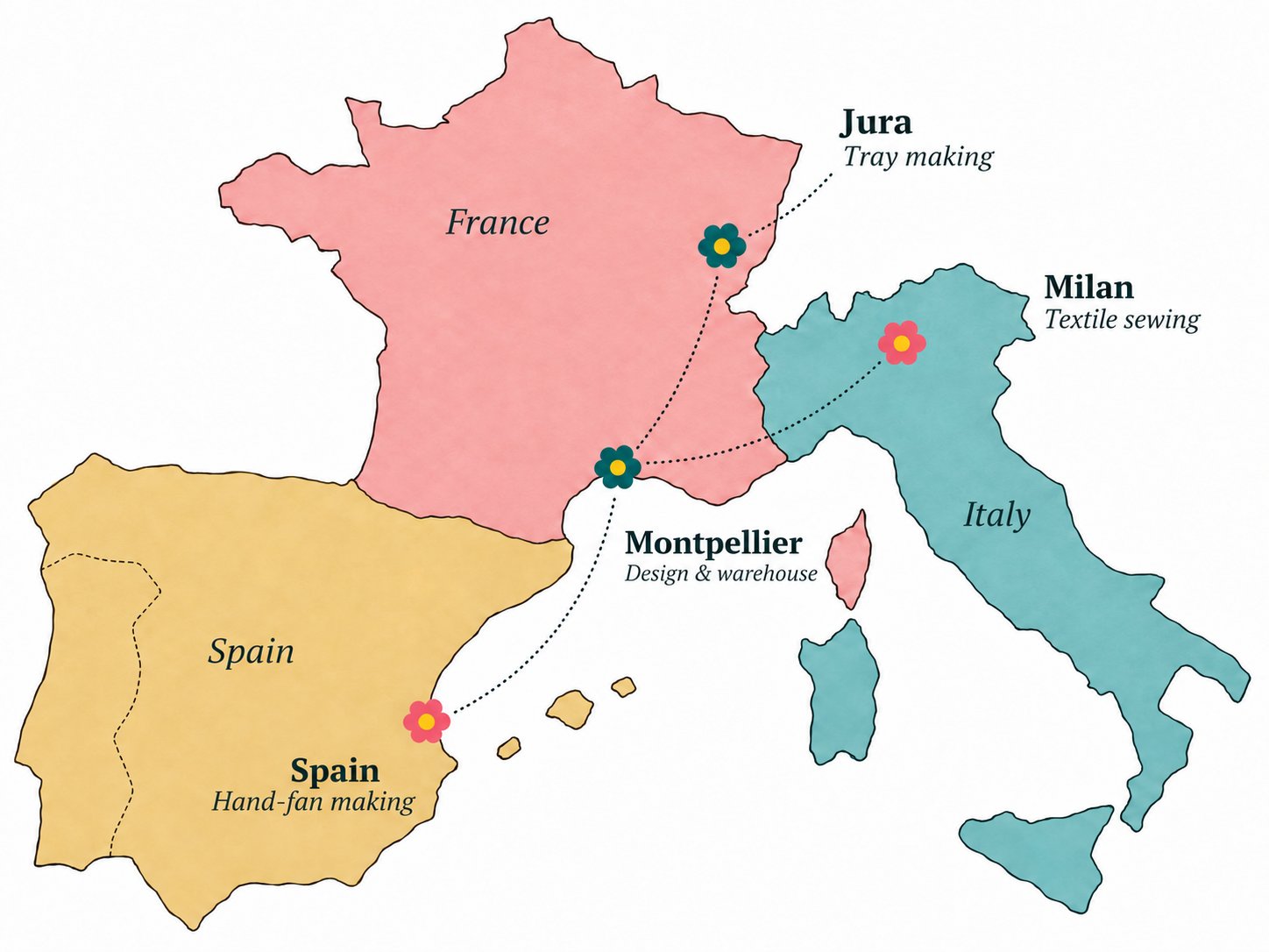 Map of Vent de bohème's design and production locations: Montpellier, Jura, Milan and Spain