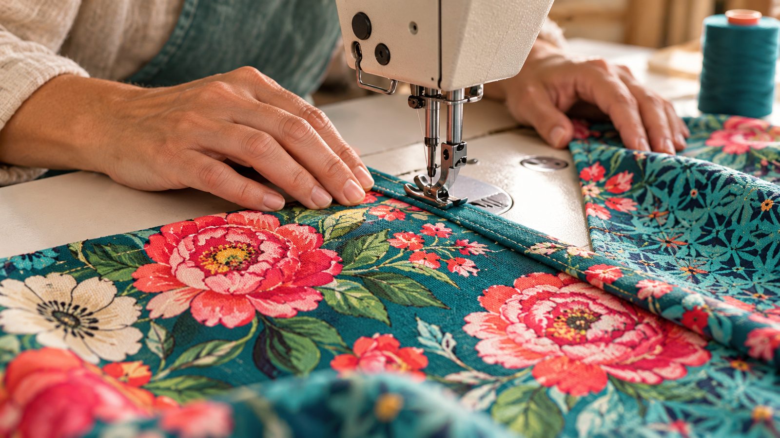 Costura de una tela floral Vent de bohème en una máquina de coser en un taller artesanal