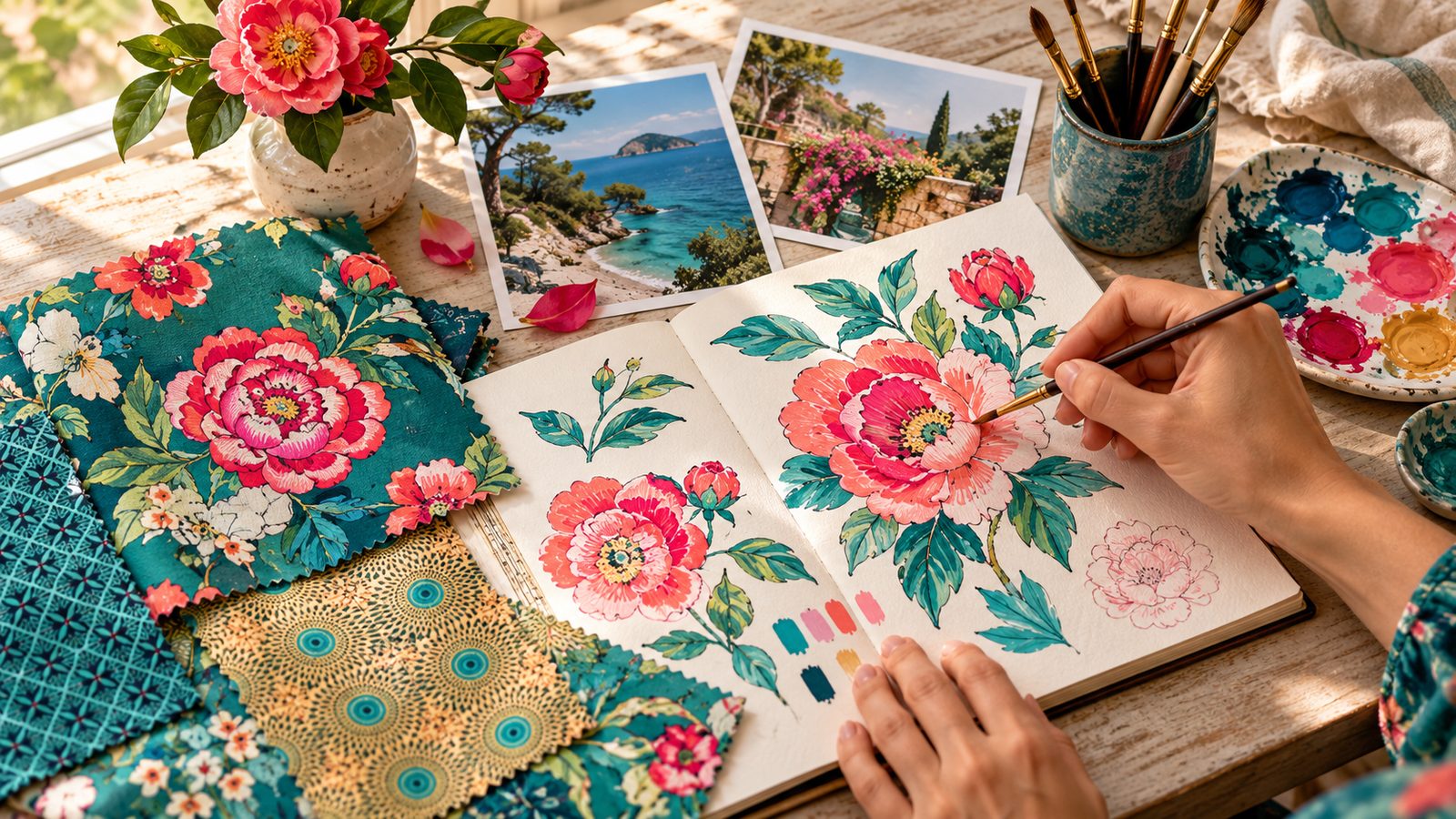 Cuaderno de inspiración Vent de bohème: motivos florales pintados a mano y muestras de tela